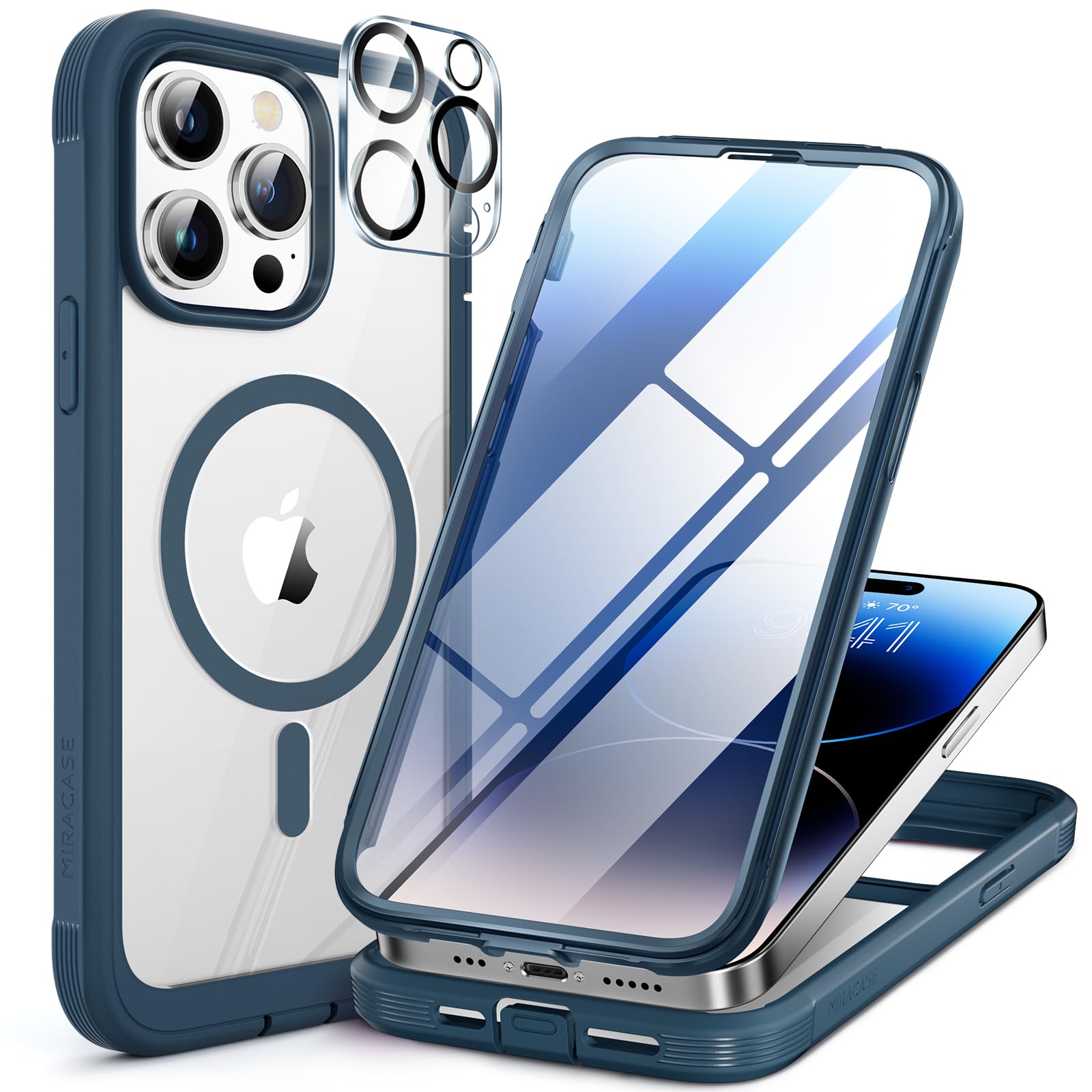 miracase Magnetic for iPhone 14 Pro Case 6.1 inch, (Compatible with MagSafe) Upgrade Full-Body Clear Phone Bumper Case with Built-in 9H Tempered Glass Screen Protector,Storm Blue