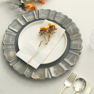 Efavormart 6 Pack | 13" Round Charcoal Gray Acrylic Plastic Charger Plates With Gold Brushed Wavy Scalloped Rim