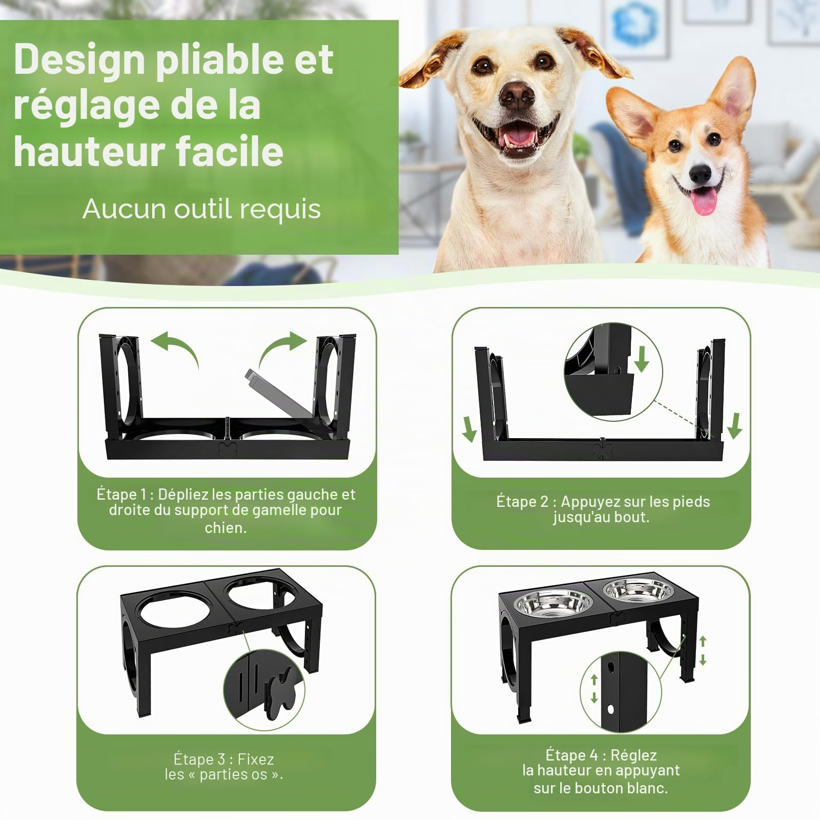 X XBEN Gamelle Chien Surélevées de 5 Hauteurs Ajustables, Gamelle pour Chien avec 2 Bols en Acier Inoxydable de 1,5L, Pliable, Antidérapant, Convient aux Petits, Moyens et Grands Chiens