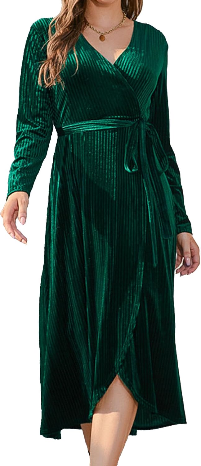Generic Women's Fall Winter Wrap Velvet Dress V Neck Flared Party Dress Long Sleeve Ruched Bodycon Midi Dress with Belt