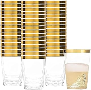 Bluesky Elegant Gold Rim Plastic Tumblers - 8oz Crystal Clear Plastic Cups (50 Count) Disposable Clear Cups For Wine & Cold Beverages | Perfect Elegant Cocktail Cups for Weddings & Parties
