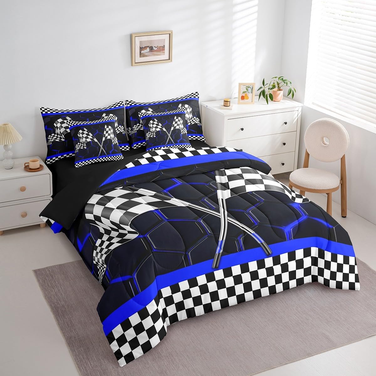 Erosebridal Racing Car Full 7 Pcs Bedding Set for Boys,Royal Blue Honeycomb Comforter Set,Geometric Neon Lights Hexagonal Sheet Set,Black and White 3D Race Car Flag Quilt Comforter Room Decor