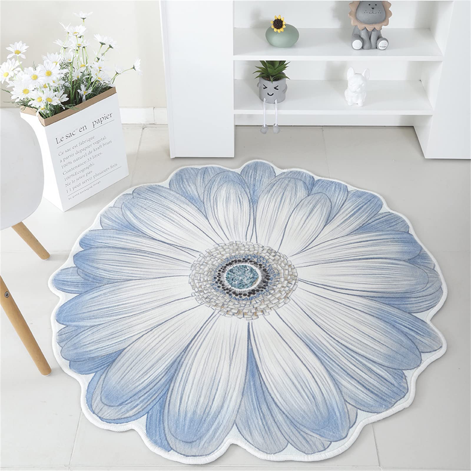 Flower Shaped Rug 3ft Blue Medallion Chrysanthemum Carpet, Living Room Decor Area Rugs，Suitable for Bathroom, Bedroom and Living Room | Non-Slip