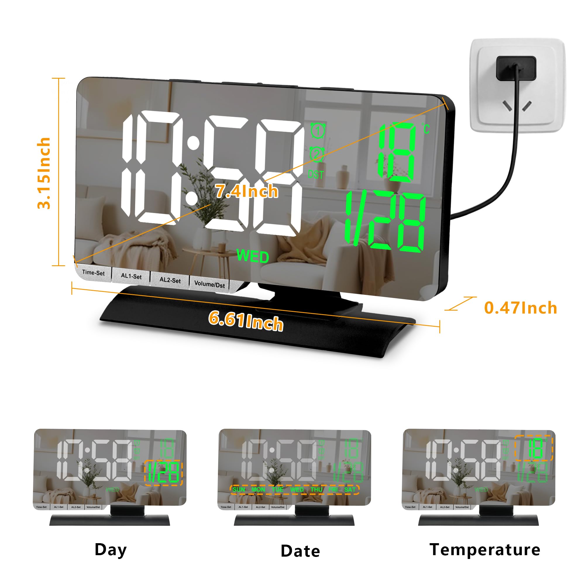 Zegar cyfrowy, budzik przy łóżku, 18 cm duże lustro LED z datą, wyświetlaczem dnia, podwójny budzik z 3 trybami, Brightnee, DST, funkcja drzemki, port ładowania USB C, 5 głośności, na biurko, do