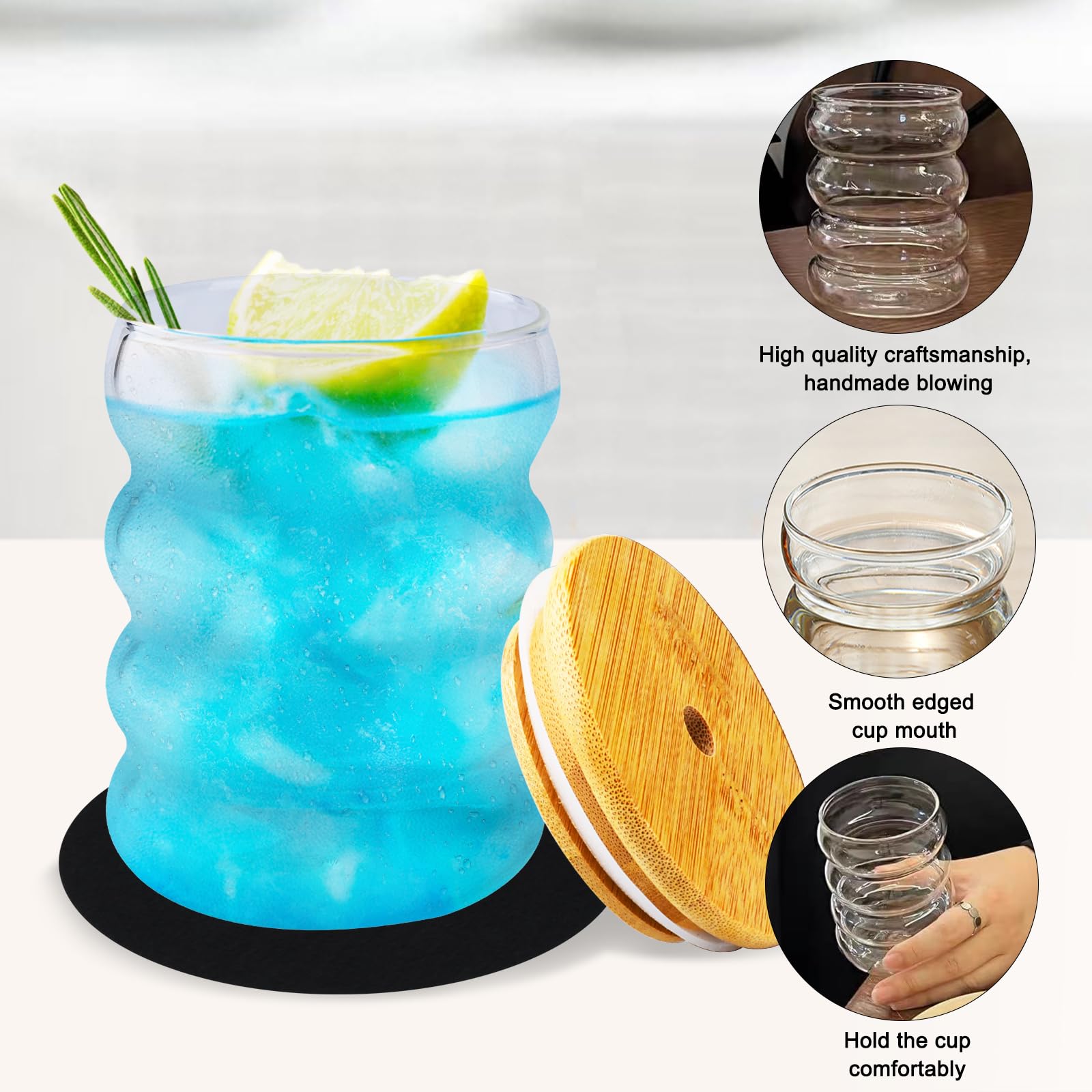 Set di 4 Bicchieri a Coste (350ml) in Vetro con Cannucce, Coperchio e Cucchiaio - Tazzine per Caffè, Cocktail, Latte, Acqua
