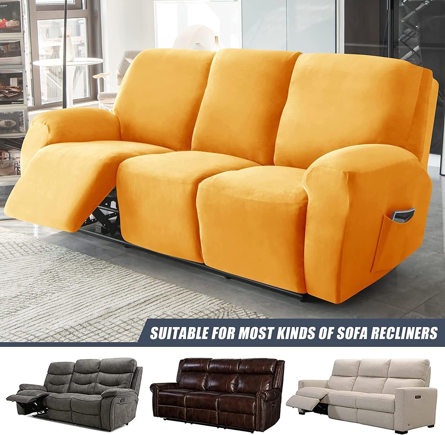 Velvet Recliner Sofa Cover Split Reclining Couch Cover Stretch Recliner Sofa Slipcovers Anti-Slip Furniture Covers with Elastic Bottom for Living Room (Color : Yellow, Size : 3 Seater 8-Piece)