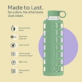 purifyou 40oz / 32oz / 22oz / 12oz Borosilicate Glass Water Bottle with Time & Volume Markers, Silicone Sleeve, Stainless Steel Lid | Reusable Glass Bottle for Water & Juice (32oz Shale Green)