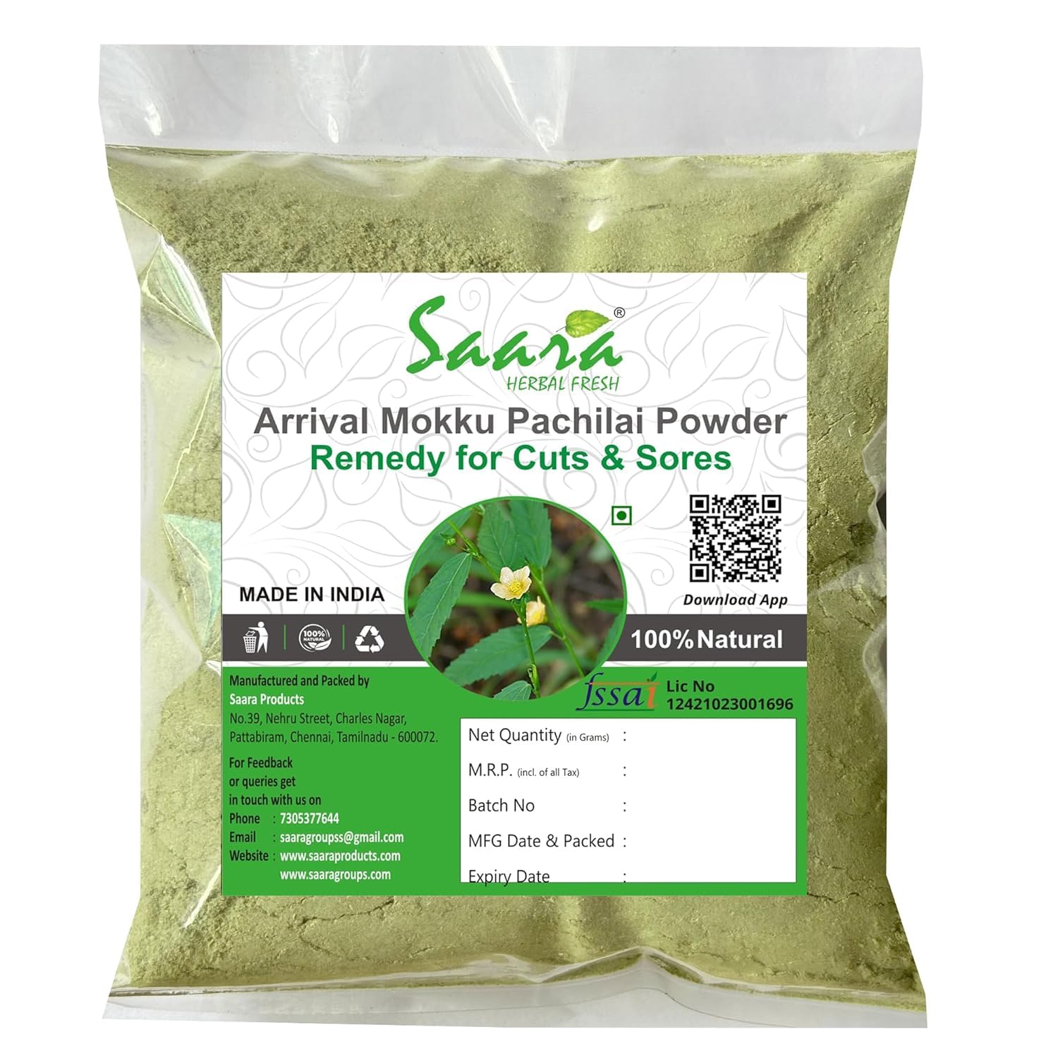 Saara HERBAL FRESH Arrival Mooku Pachilai Powder, Arivalmanai Poondu, Sida acuta, Arival Mookku Pachilai Powder, 600g(Pack of 6 X 100g)