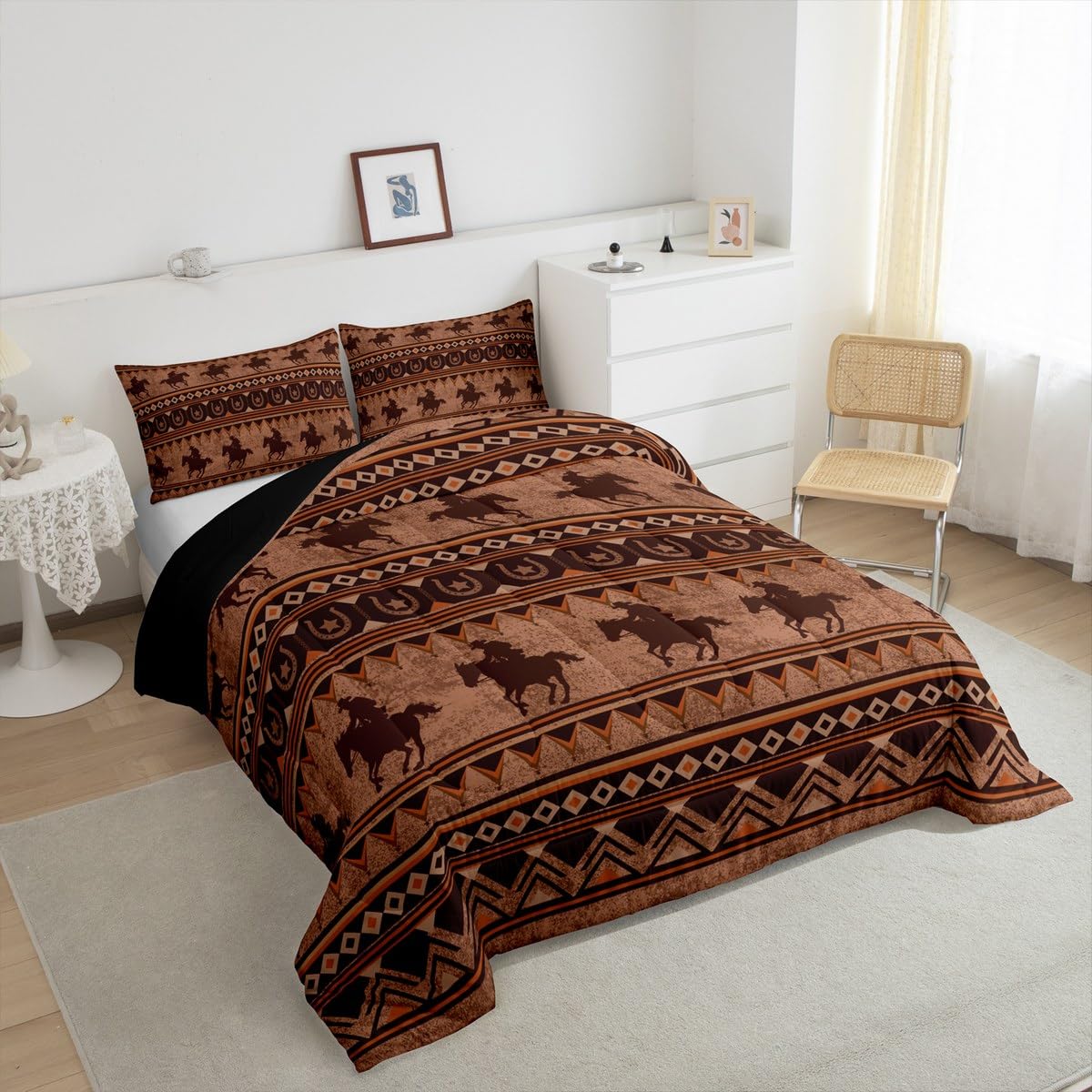 Feelyou Western Decor - Juego de edredón tamaño matrimonial con diseño de caballo, juego de ropa de cama azteca nativo del suroeste, juego de ropa de cama retro, exótico, bohemio, decoración de