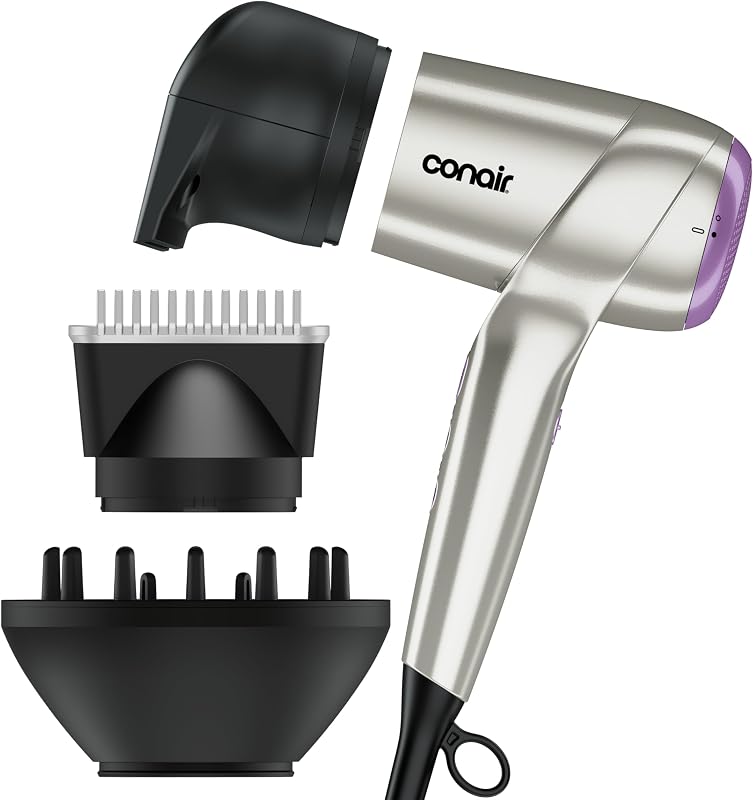 Infiniti PRO CONAIR Secador de pelo digital, secador iónico ligero con difusor para reducir el encrespamiento y definir rizos, incluye difusor, concentrador térmico, accesorio antivuelco, plateado y morado
