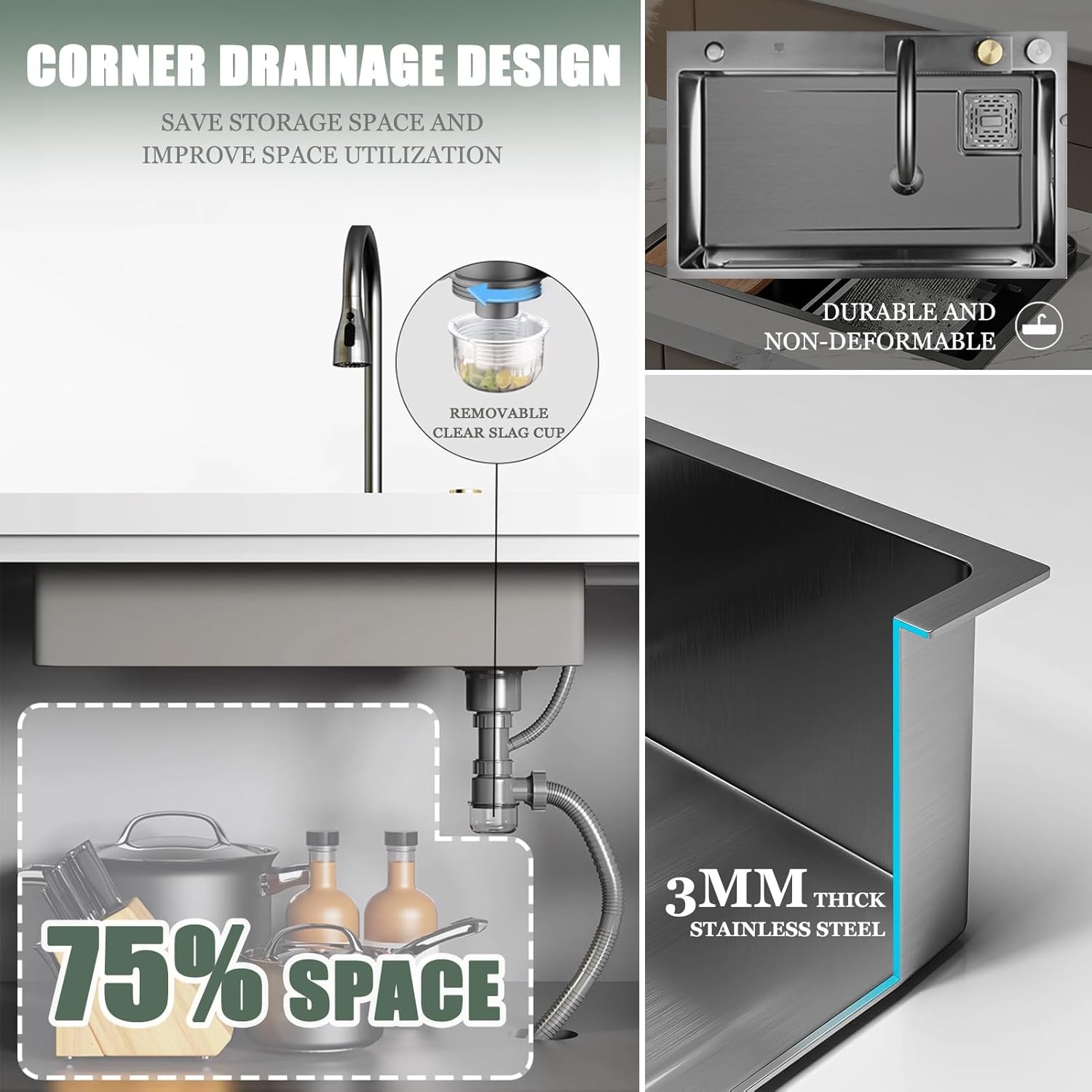 Stainless Steel Waterfall Sink, Multi-Function Bar Prep Sink, Nano Kitchen Sink with Faucet and Cup Washer Drop in Or Under Mount for Kitchen Hotel (Grey-80x45x22cm