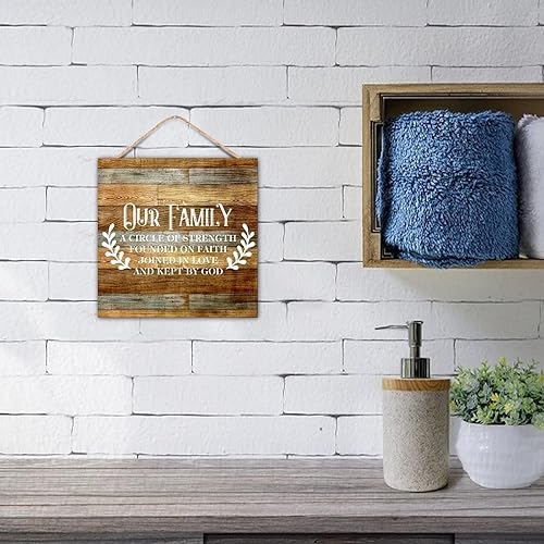 Miniatura 6 de Paleta de madera vintage versículo bíblico tema del hogar Nuestra familia un círculo de fuerza fundada en la fe unido en el amor y mantenido por G