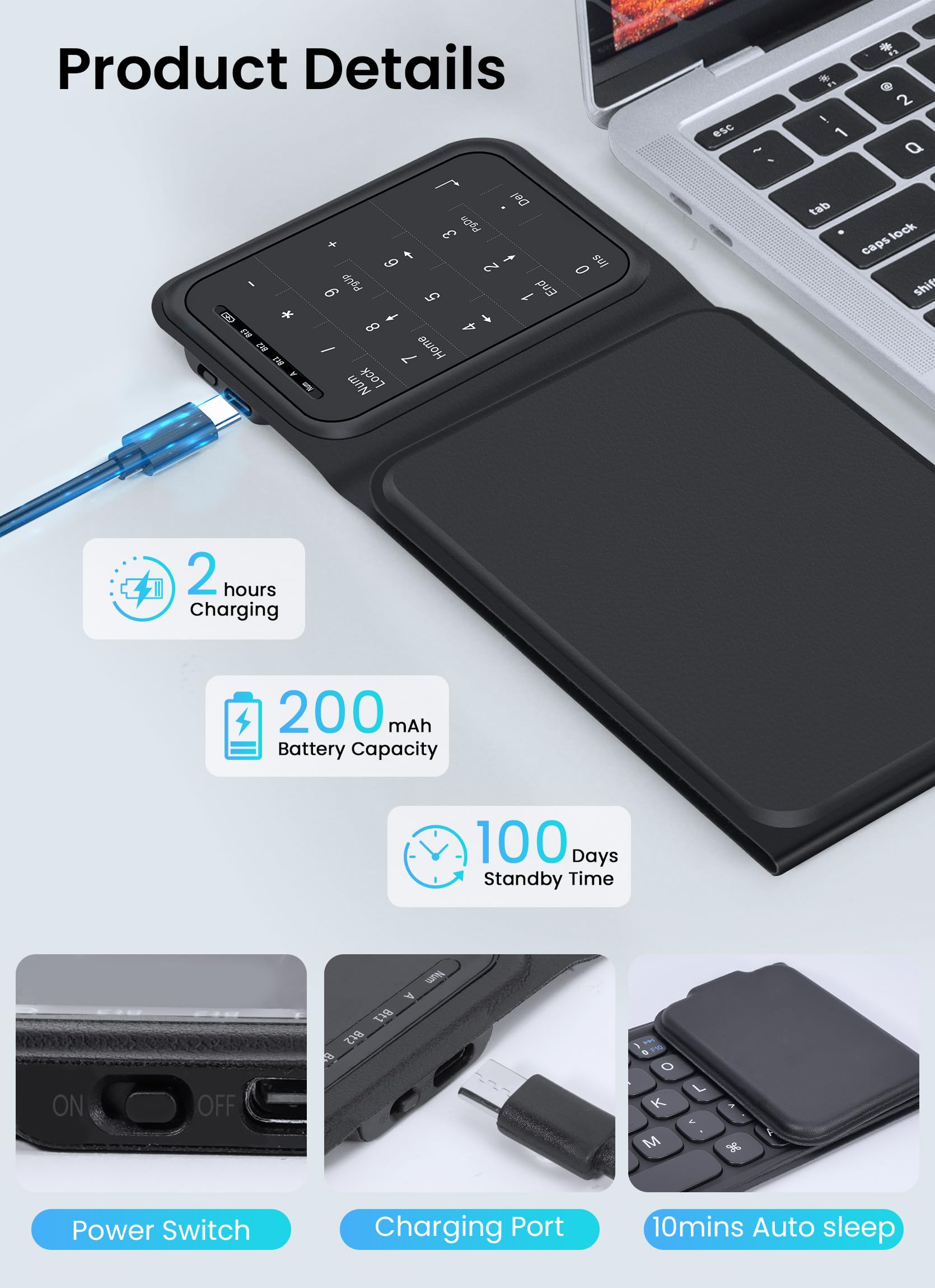 Clavier Bluetooth pliable sans fil avec pavé tactile et pavé numérique, clavier de voyage portable pour iPad, tablette, smartphone, ordinateur portable, PC, Windows, iOS, Android, noir