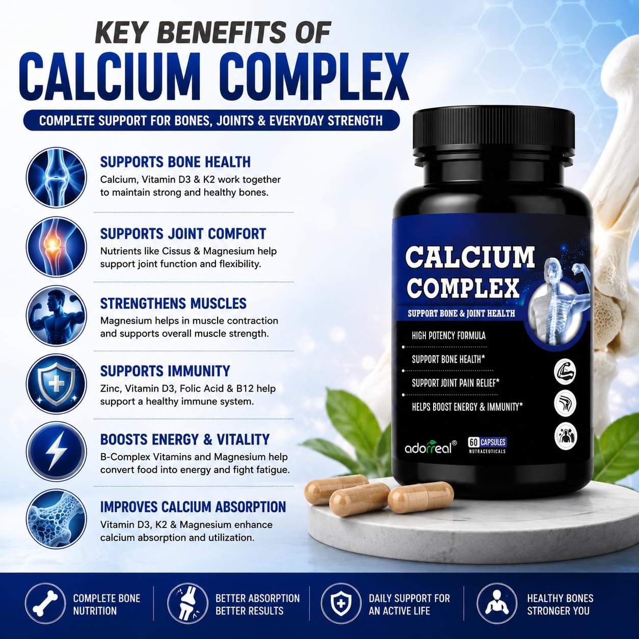 Adorreal Calcium Complex Capsules with Calcium, Magnesium, Vitamin D3 & Zinc | Bone Health & Muscle Function Support | Supports Energy & Immunity | Vegetarian Capsules | 60 Capsules 1