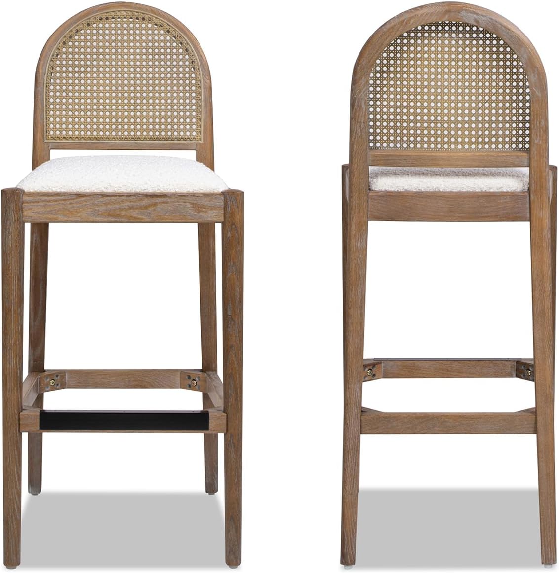 Jennifer Taylor Home Panama 30.5" Curved Back Cane Rattan Bar Stools, Set of 2, Ivory White Boucle