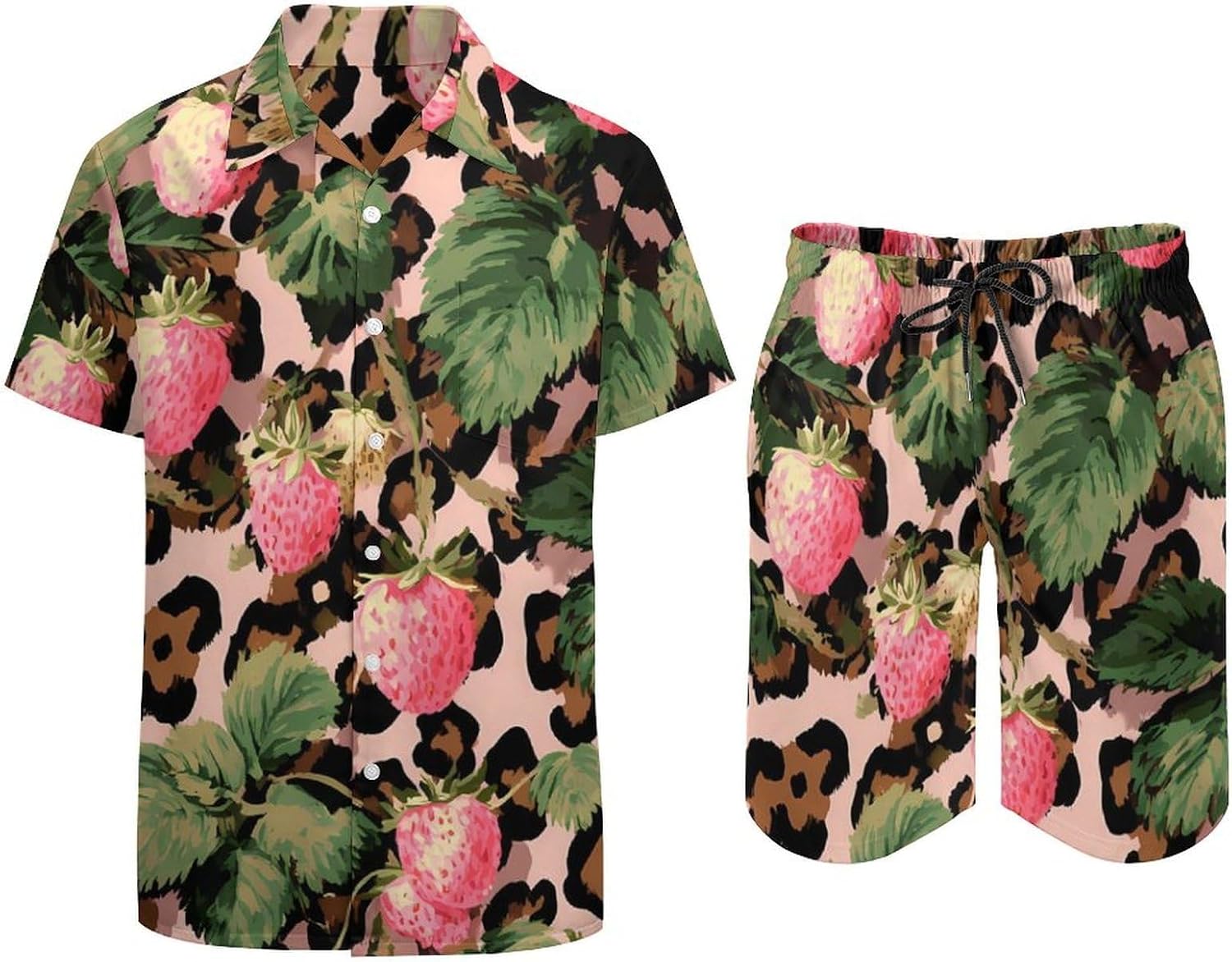 Leopard Print Strawberries Leaves Men's Summer Beach 2 Piece Outfits | hawaiian button down shirt and shorts,vacation cruise,mens bathing suit