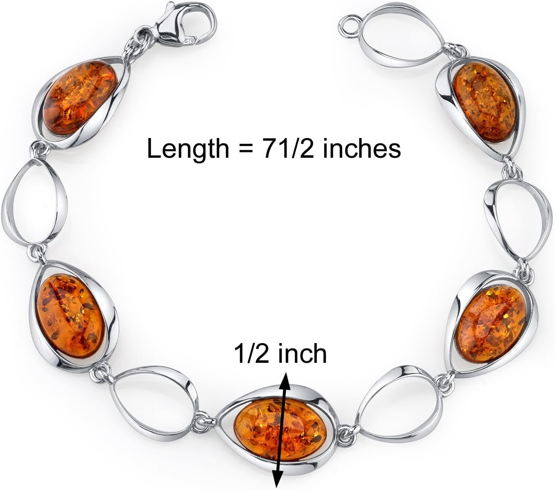 PEORA Genuine Baltic Amber Pendant Necklace, Earrings and Bracelet, Sterling Silver, Floating Oval Shape Design, Cognac Color, 100% Natural from Baltic Region, Real Baltic Amber Jewelry for Adults
