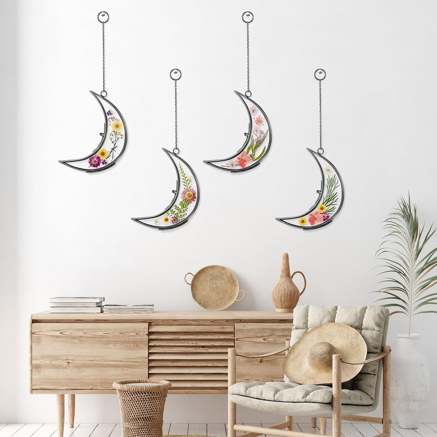 Lineshading 4 Pcs Glass Pressed Flower Frames Double Glass Moon Shaped Picture Frames Flower Brass Hanging Photo Frame for Gallery Artwork Display Wall Decor Housewarming Gifts(Black,2.5 x 3.5 Inch)