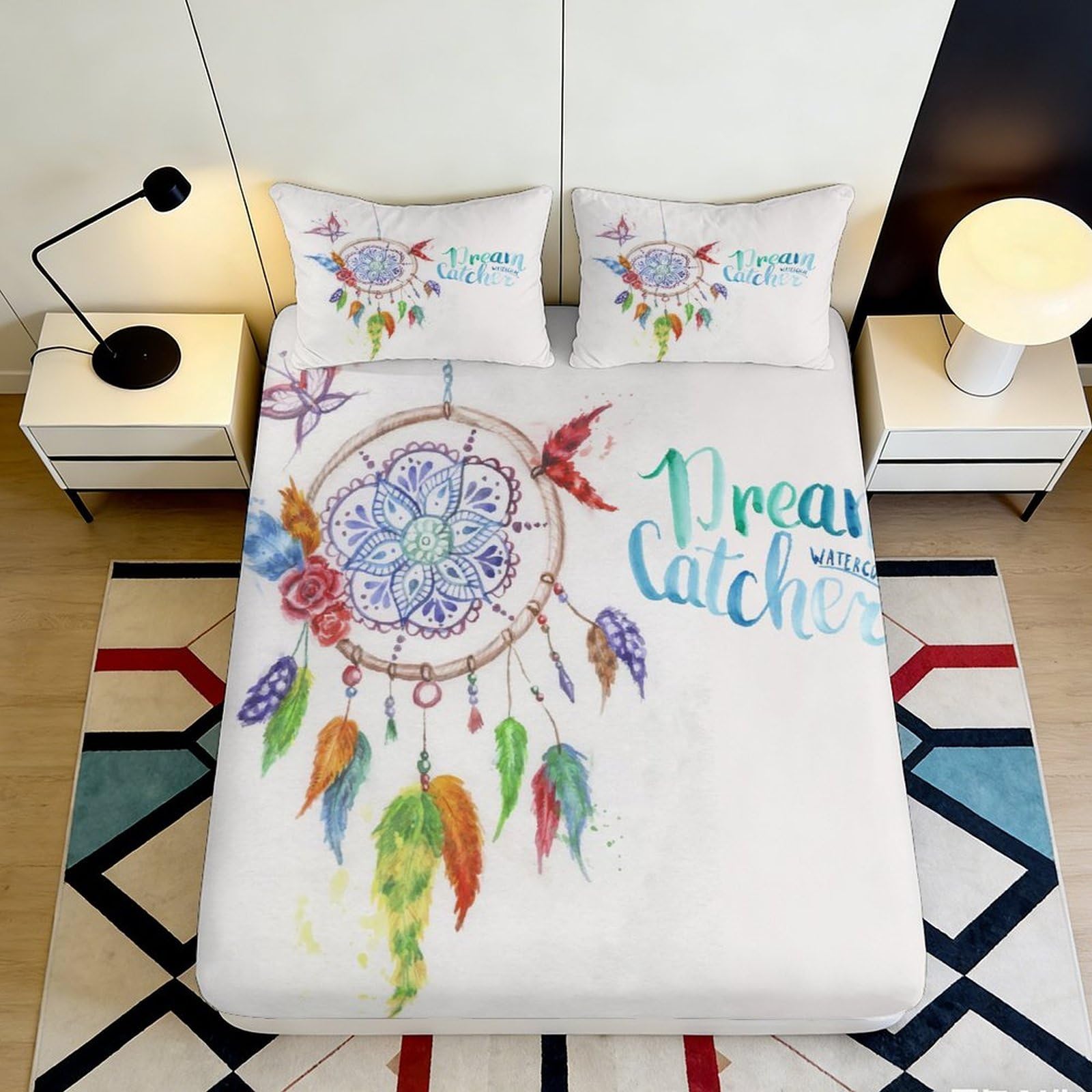 3D Printed Dreamcatcher Fitted Sheet Microfiber Soft Colorful Feather Mattress Cover for Bedroom Dorm Decor 90x200x25cm
