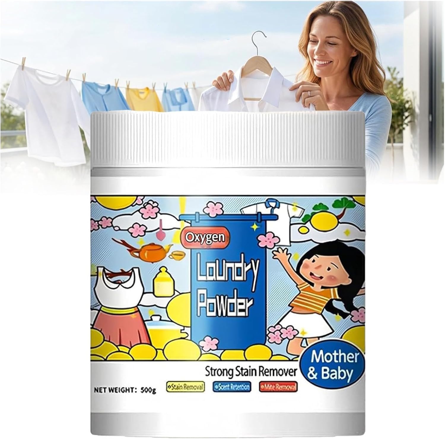 Hyper Concentrated Strong Stain Remover Powder for Clothes, Oxygen Laundry Powder and Stain Remover, 500g Chlorine, Removes Milk Sweat Oil Fruit Stains (3)