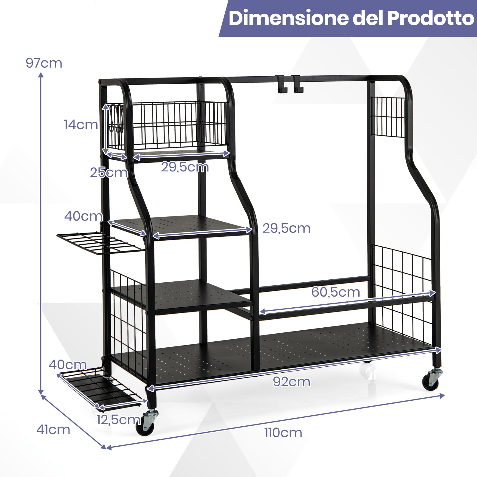 GYMAX Organizzatore per Borsa da Golf, Stand per Borse da Golf con Ripiano a 3 Livelli, Cestino Superiore, Organizzatore per 14 Mazze, 2 Ganci per Asciugamani Rimovibili e 4 Ganci Laterali