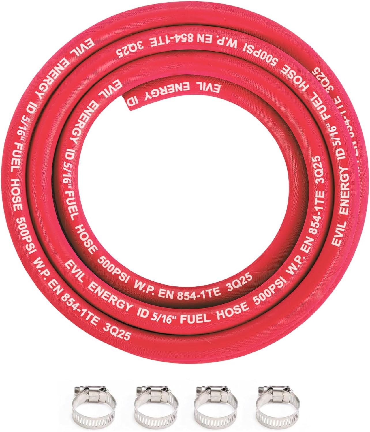 EVIL ENERGY 5/16" High Pressure Fuel Line Hose 10FT 500PSI E85 for Fuel Systems Engines NBR Rubber EN854-1TE Red
