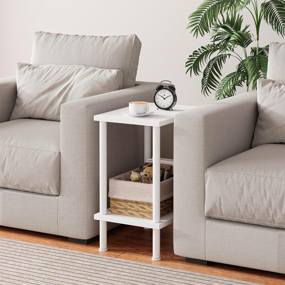 VIMBER End Table, Set of 2 Side Table with Metal Legs, Small Nightstands with 2-Tier Storage Shelves, Tiny Sofa Table for Small Space, Coach Table for Living Room Bedroom, White UTBT104W2