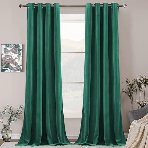 SNITIE Emerald Green 108in Blocking Light Velvet Curtains with Grommet, Super Soft Noise Reducing Thick Velvet Drapes for Living Room and Bedroom, Set of 2 Panels, 52 x 108 Inch Long
