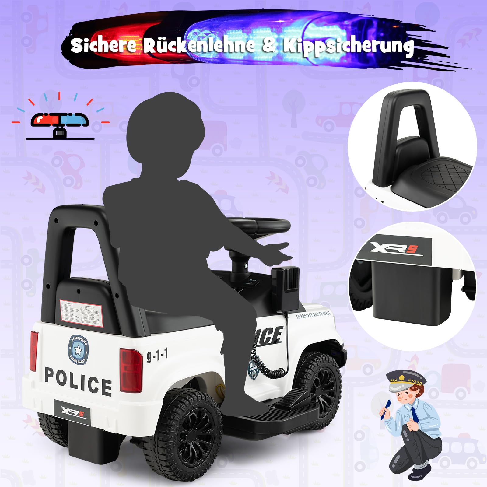 COSTWAY Polizei Elektroauto für Kinder, 6V Elektrisches Kinderauto mit Stauraum & Megafon & Warnlicht & Hupe & Fußpedalen, Elektro Auto für Kinder ab 18 Monaten (Weiß)