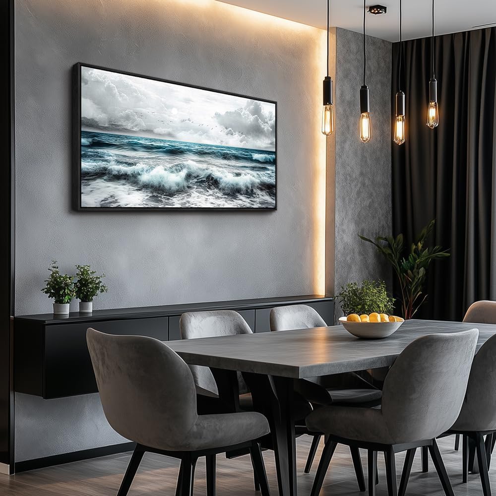 ERQINHUA Black And White Beach Canvas Wall Art For Living Room Wall Decoration For Bedroom Office Decor Blue Sea Wave Pictures Modern Hotel Room Home Decor Wall Painting Black Framed 20x40 In