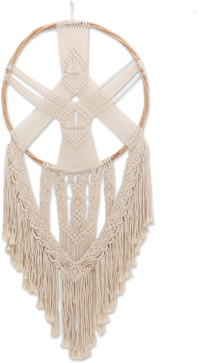 NOVICA Handmade Cotton Wall Hanging Round Handknotted from Bali Ivory Cotton Bamboo Indonesia Decor 'Tegalalang Moonlight'