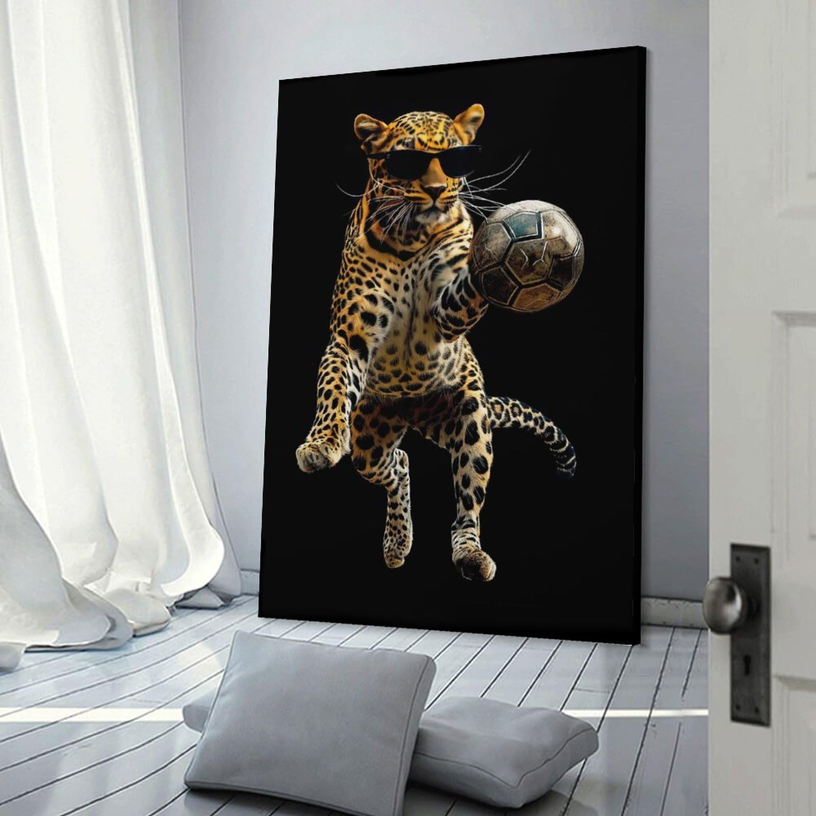 Junmoney Leopard with Soccer Ball Canvas Wall Decor, 12x18inch(30x45cm), for Gallery Wall Decor And Room Displays, Wall Decor Suited to Curated Displays