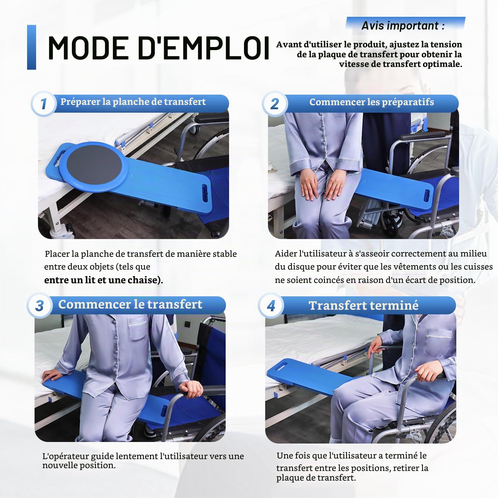 LOSCHEN Planche de transfert de 75 cm avec plaque pivotante coulissante à 360 ° pour personnes âgées - Transfert du fauteuil roulant au lit, aux toilettes, à la baignoire, à la voiture (bleu)
