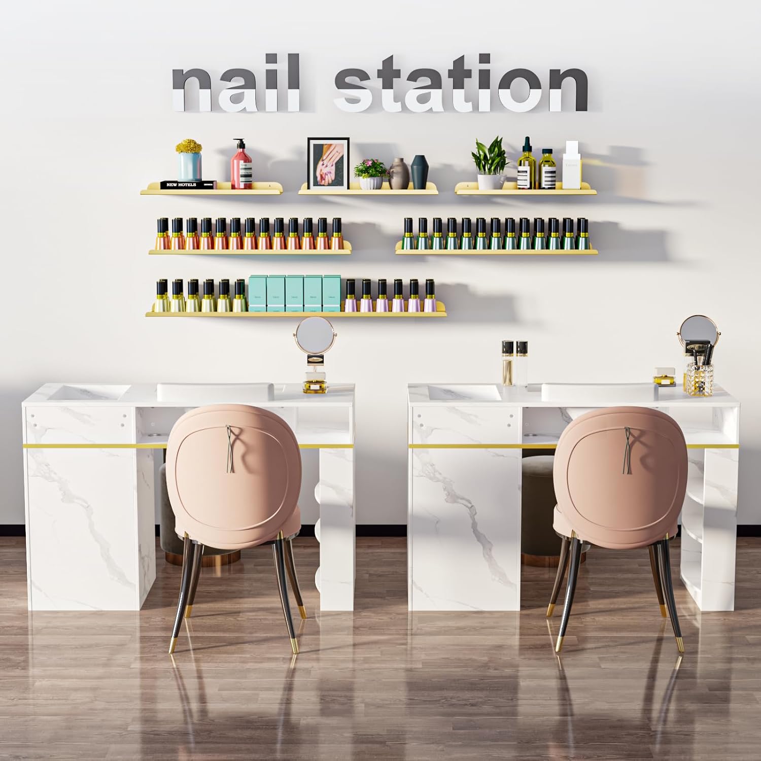 Manicure Table Nail Desk w/Electric Dust Collector, Glass Top Versatile Manicure Station for Nail Tech, Includes Wrist Cushion, Storage Cabinet & Drawers, Shelves, for Salon & Home, White