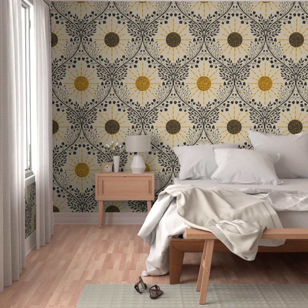 Peel & Stick Wallpaper 3ft x 2ft - Sun Life Providing Retro Mushroom Mushrooms Sunshine Botanical Custom Removable Wallpaper by Spoonflower