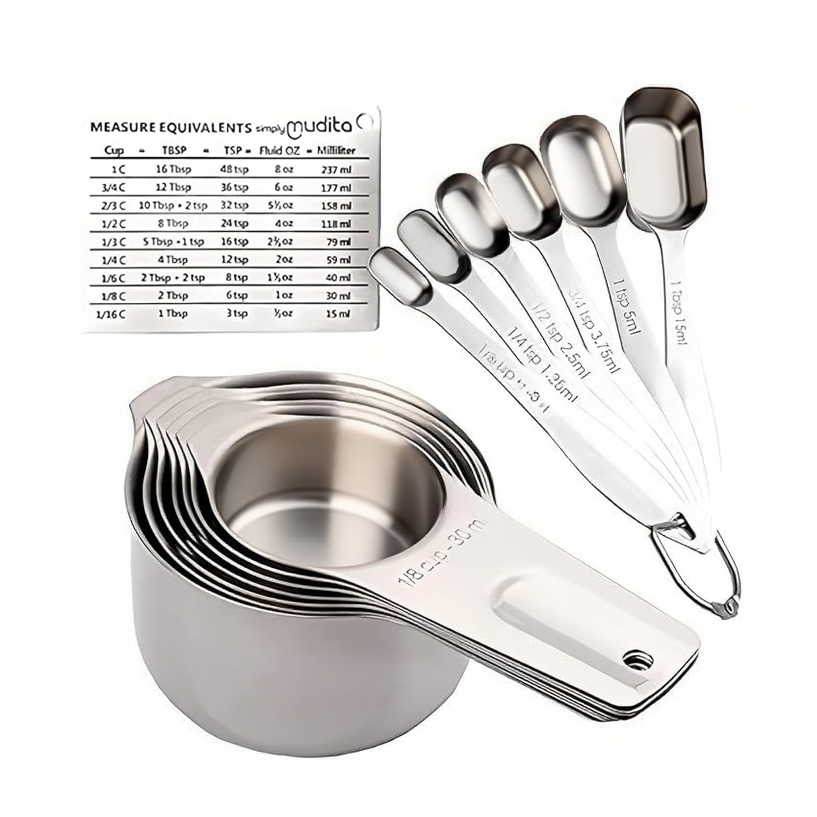 Set di tazze e cucchiai dosatori in acciaio inox, 13 pezzi. 7 misurini in metallo pesante. 6 cucchiai con manico lungo. Ingredienti secchi o liquidi. Misurazione metrica incisa. Tabella di
