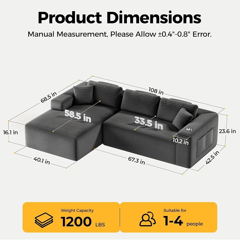 CAMMOO 108" L-Shaped Boneless Sectional Sofa, Cloud Couch in One Box image 2