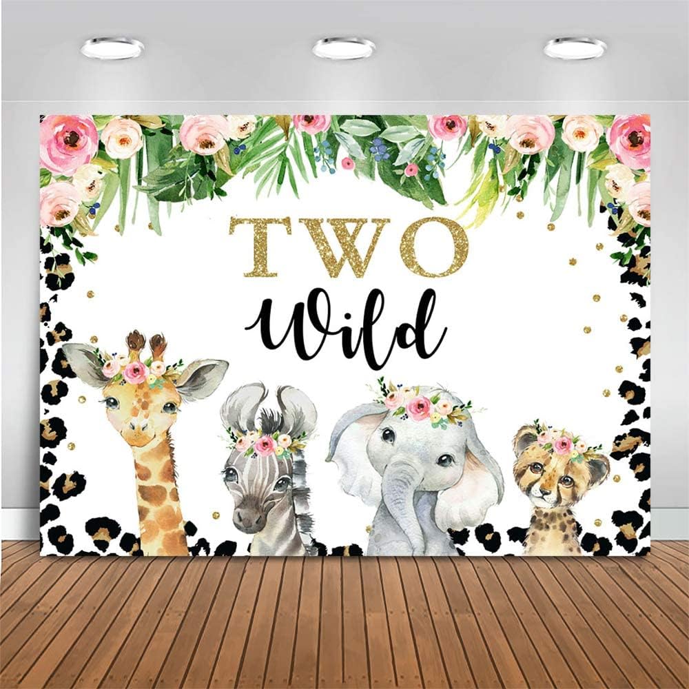Mocsicka Two Wild Backdrop for Girl Jungle Safari Animals 2nd Birthday Party Decoration Floral Leopard Photo Background for Birthday Banner (7x5ft (82x60 inch))