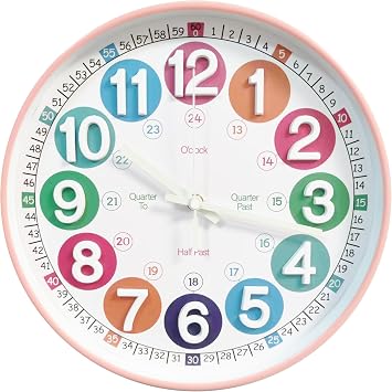 Learning Time Clock for Kids,12 Inch 3D Numbers Colorful Clock Face Silent Clocks,Bedroom,Kitchen,Classroom,Decor at School, Clear Digital Wall Clock for Kids Room3D Peach Pink Luminous