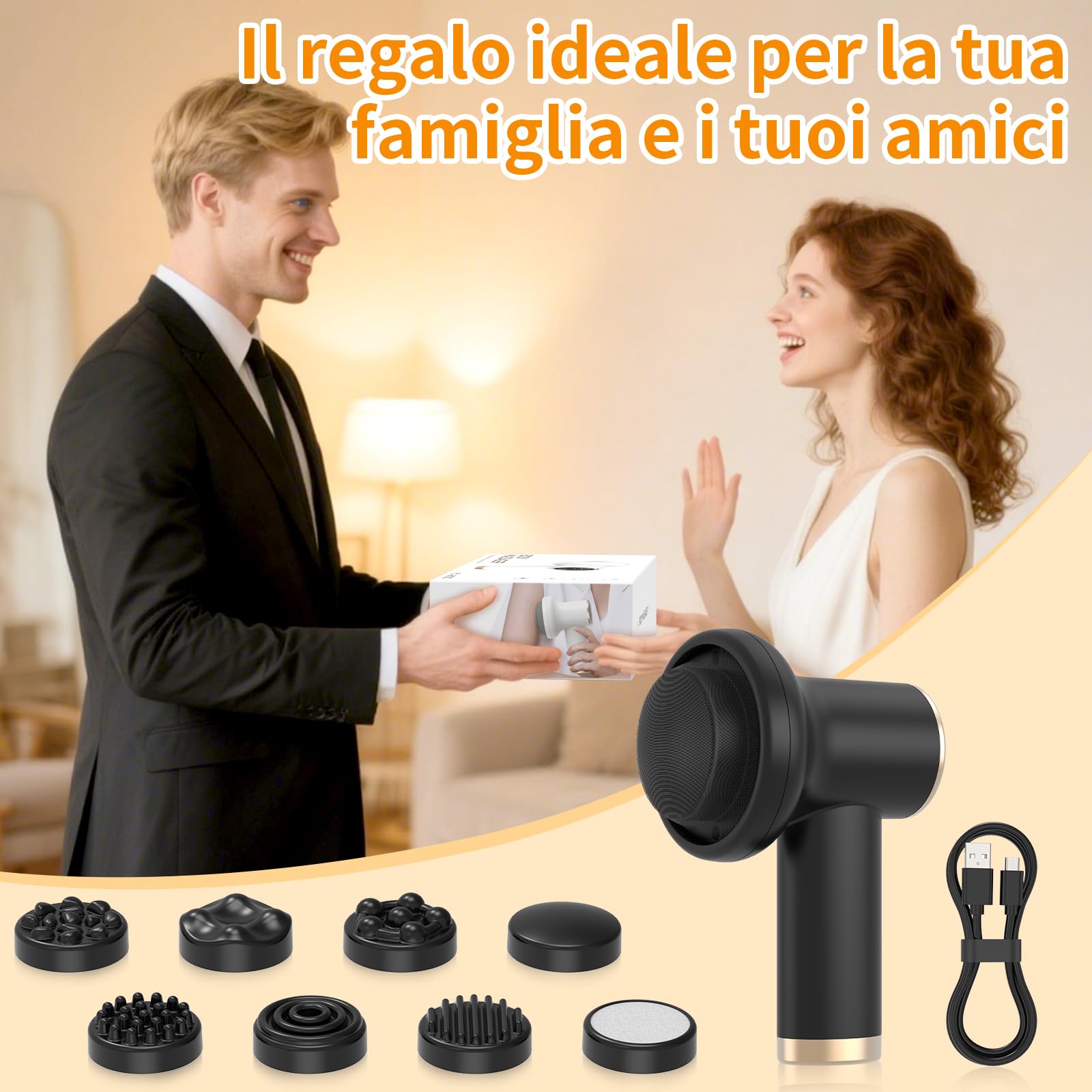 Massaggiatore Elettrico Anti-cellulite Senza Fili Nero, 9 Velocità e 8 Testine, Apparecchio Snellente Avanzato per Corpo e Braccia