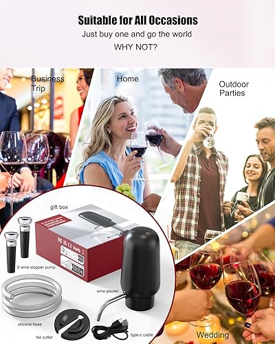 Miniatura 6 de DERGUAM - Vertedor de vino eléctrico, aireador de vino recargable con 2 tapones de vino, aireador automático portátil de un botón con cortador de