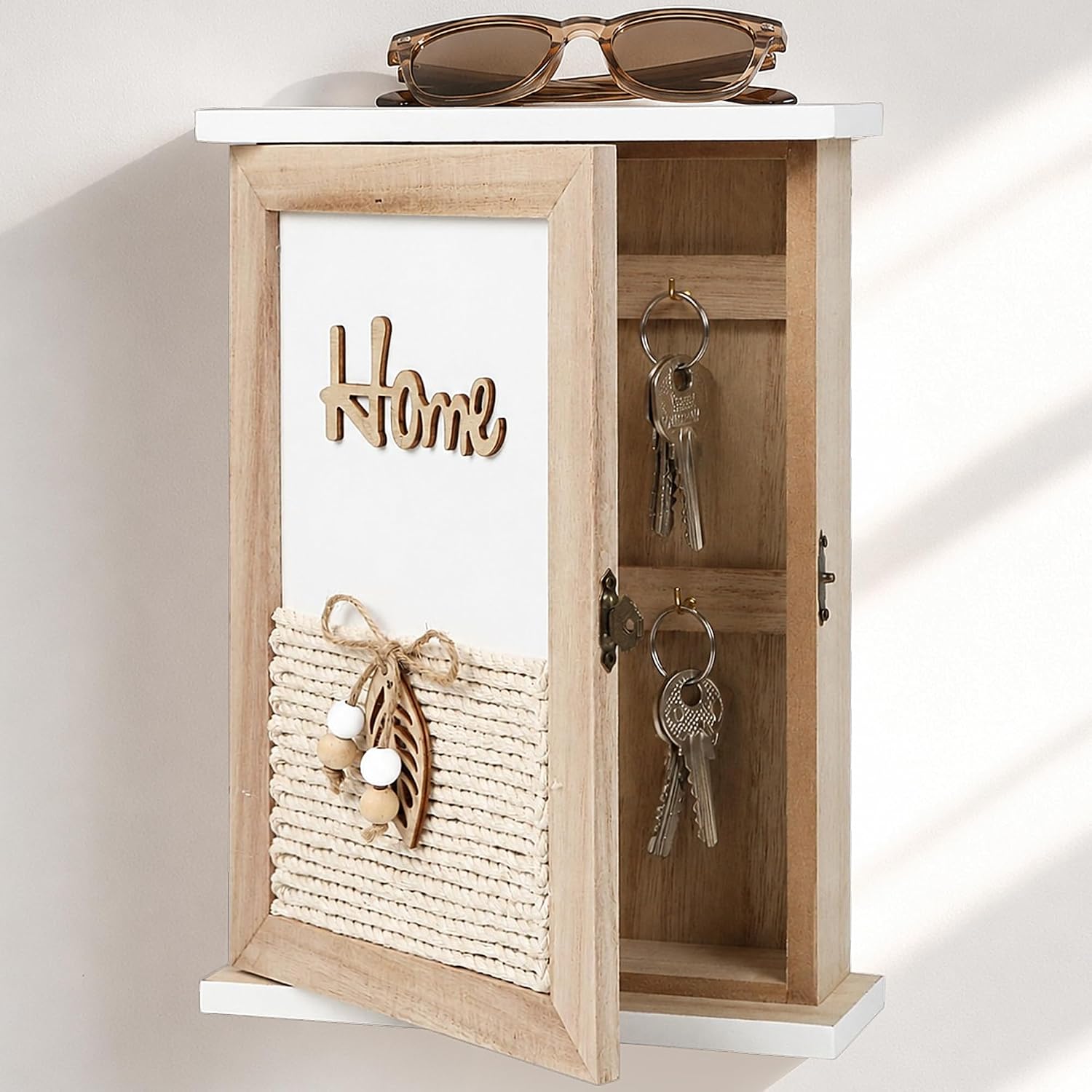 Wall Mounted Wooden Key Box, 6 Hooks Hidden Key Rack Holder with Jute Rope