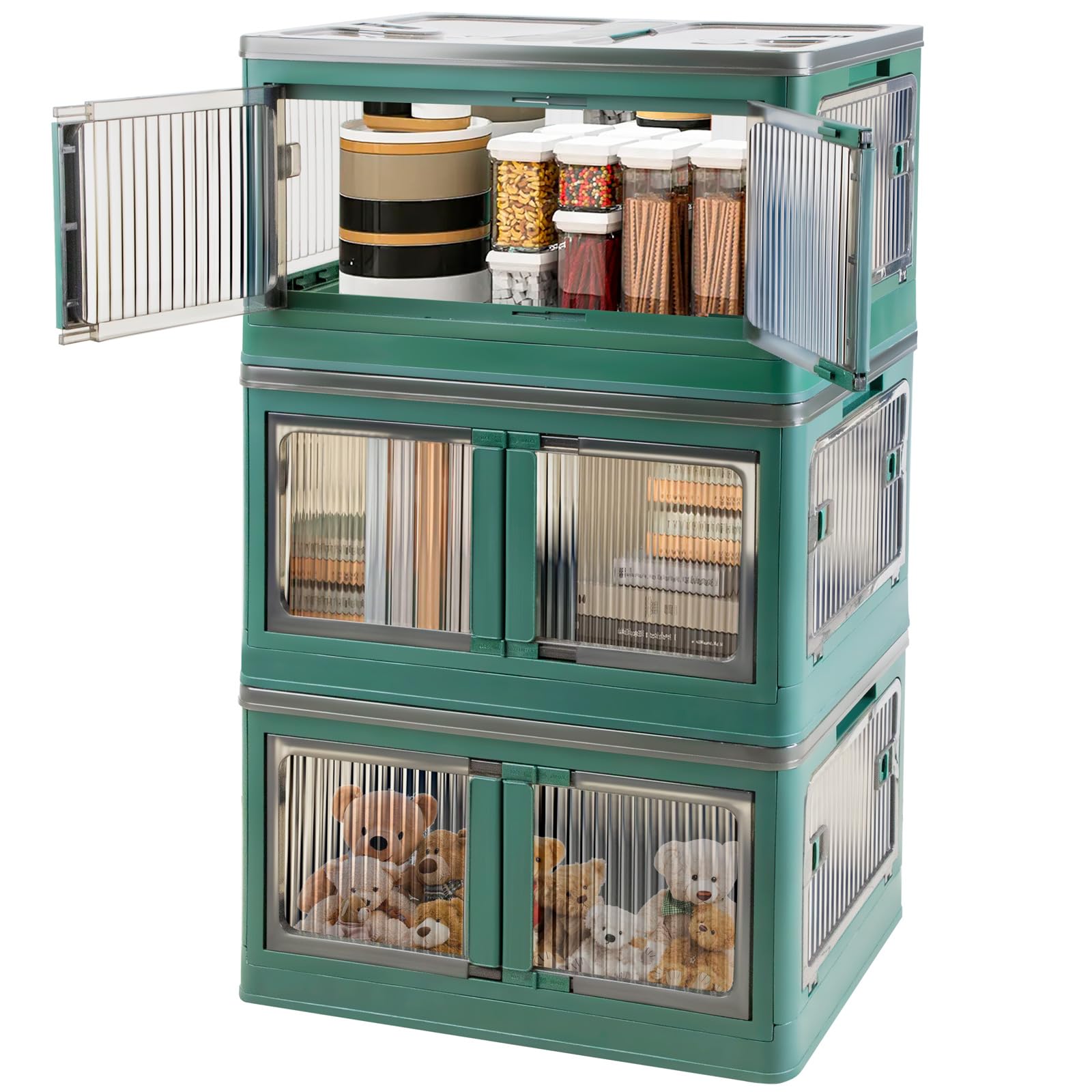 NOCCUR 3 Pack Stackable Storage Bins with Lids - 23Gal Green Plastic Storage Bins - Folding Storage Box - Foldable Plastic Storage Container with Lids and Doors - for Book Storage,Study Room