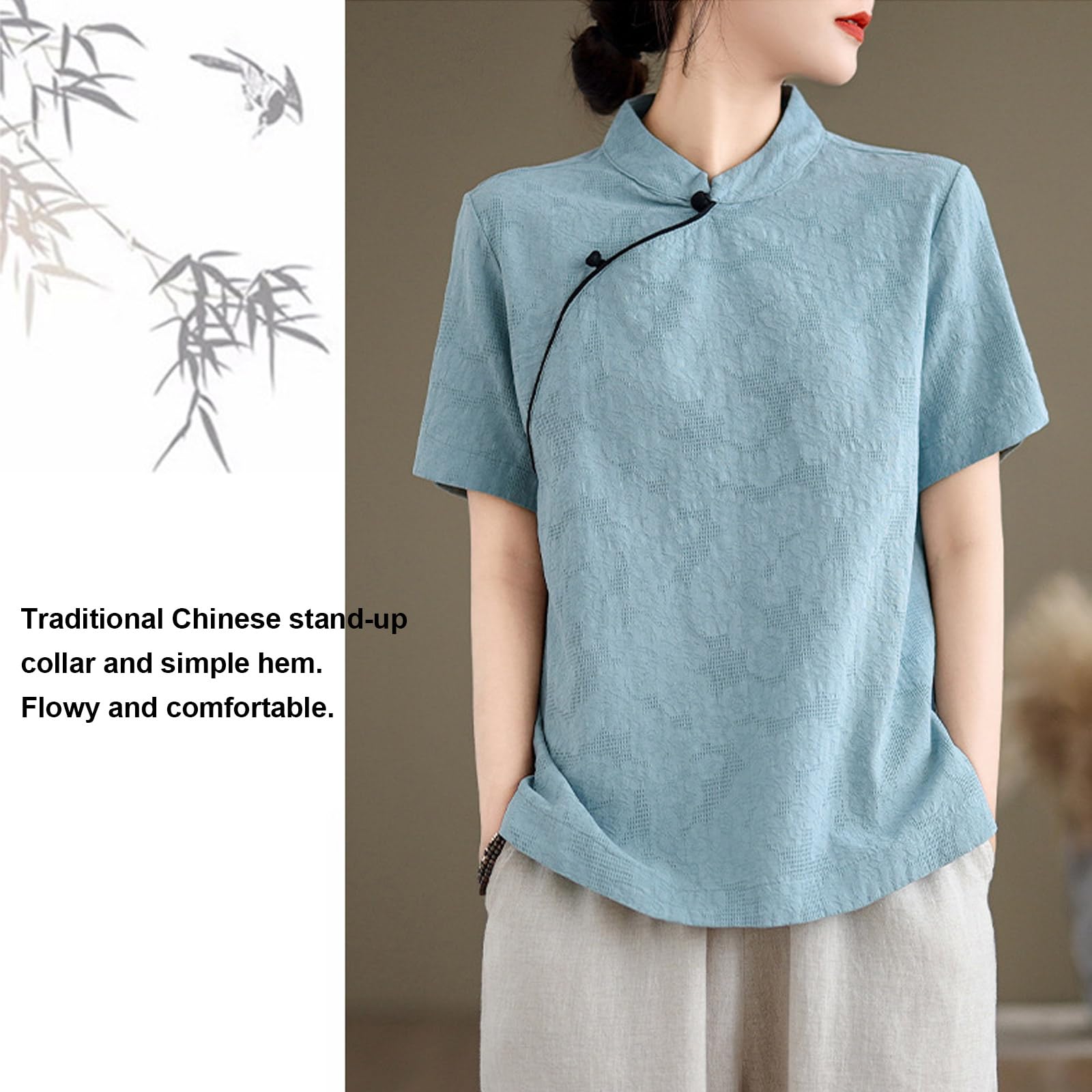 CHUIKUAJ Tenue de Tai Chi à Manches Courtes pour Femme, Ensemble Rétro en Coton et Lin, Tenue de Méditation Zen, Chemise Jacquard de Style Chinois + Pantalon Brodé