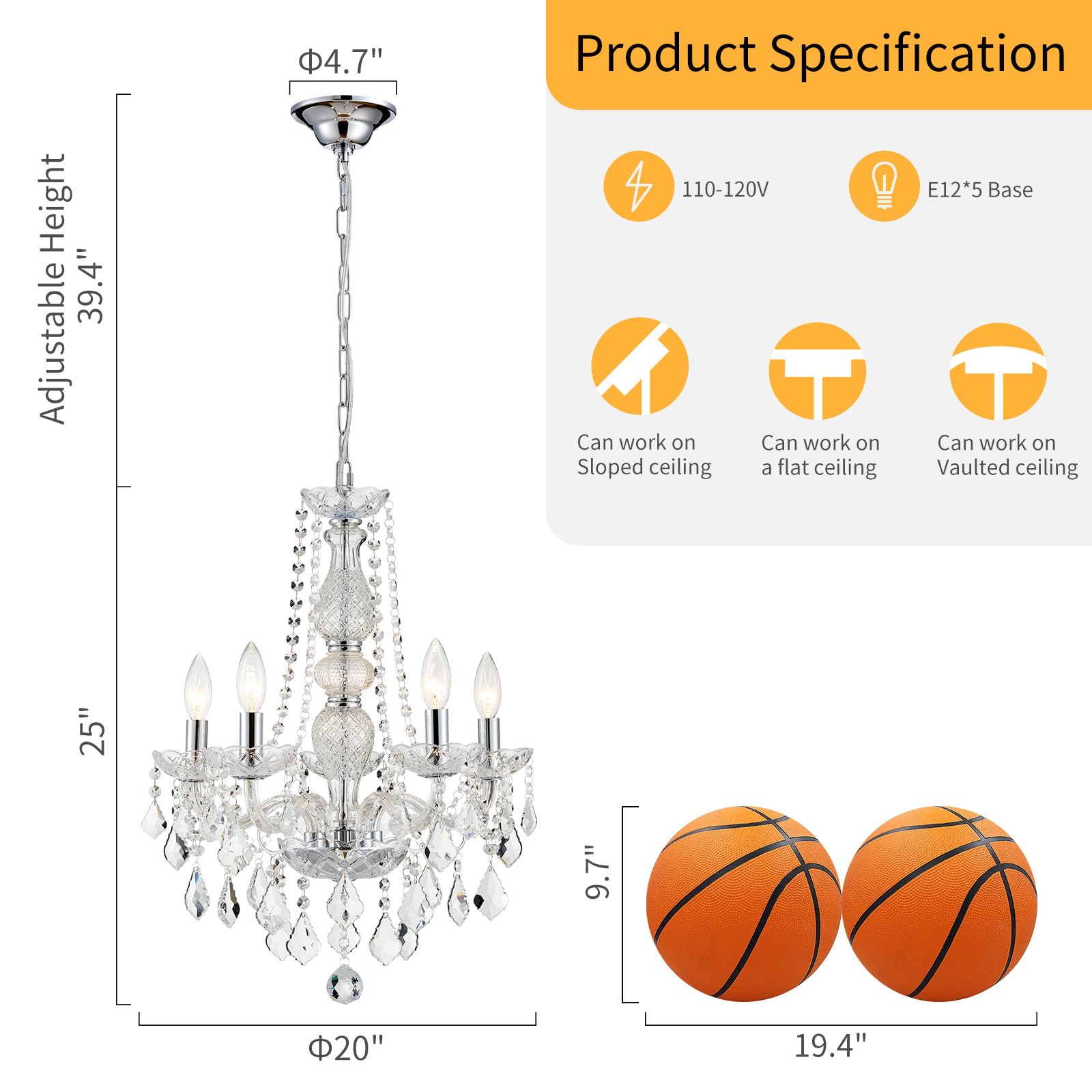 WUZUPS Crystal 5-Light Candle Chandelier Colgante Flushmount Luz de techo Instalación de iluminación moderna para dormitorio Pasillo Bar Cocina Baño, H 63.5cm x W 50.8cm, Chrome, Base E14