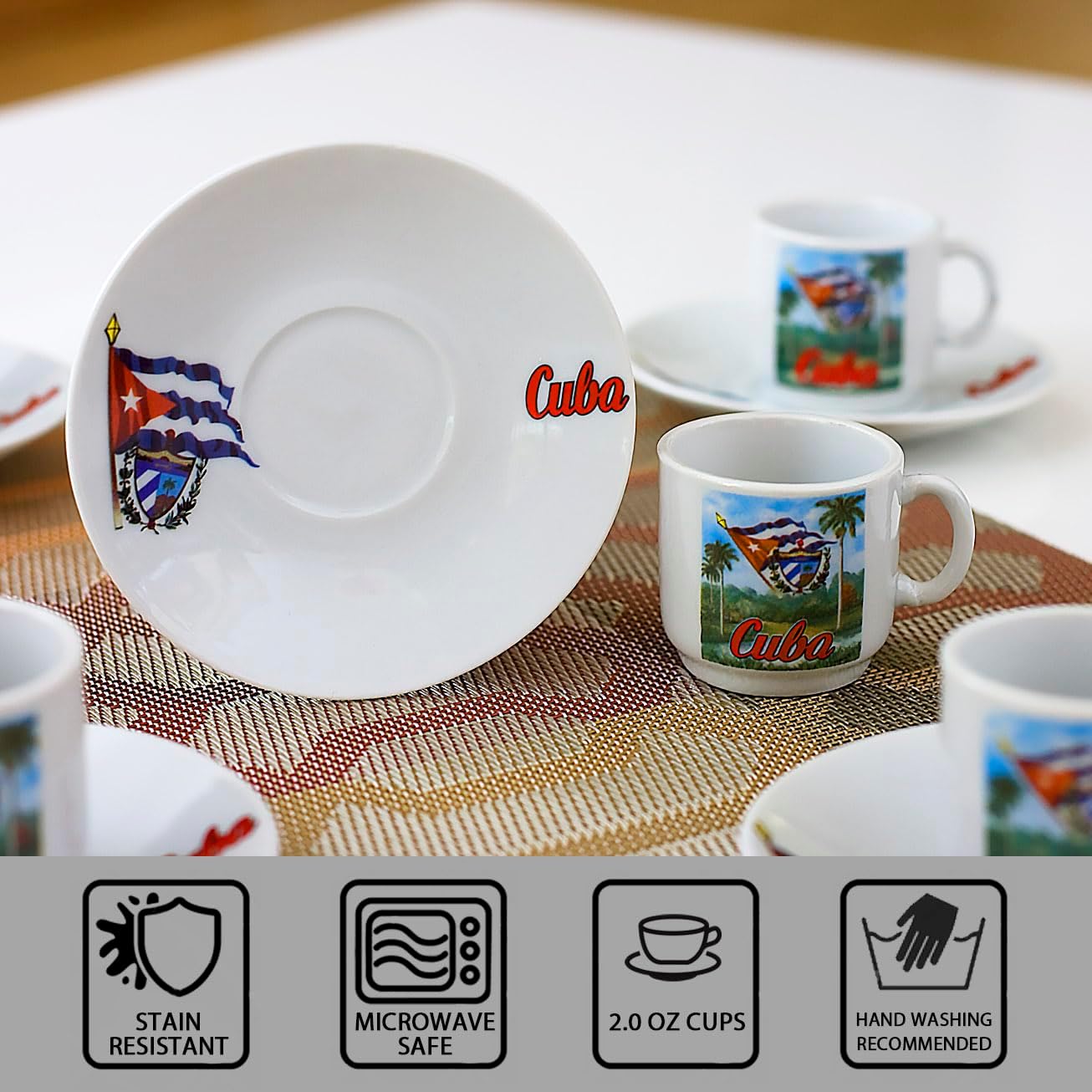 Generic Cuban Expresso Cup Set 6 cups 6 saucers Cuban landscape Total 12 Pieces, Small, White