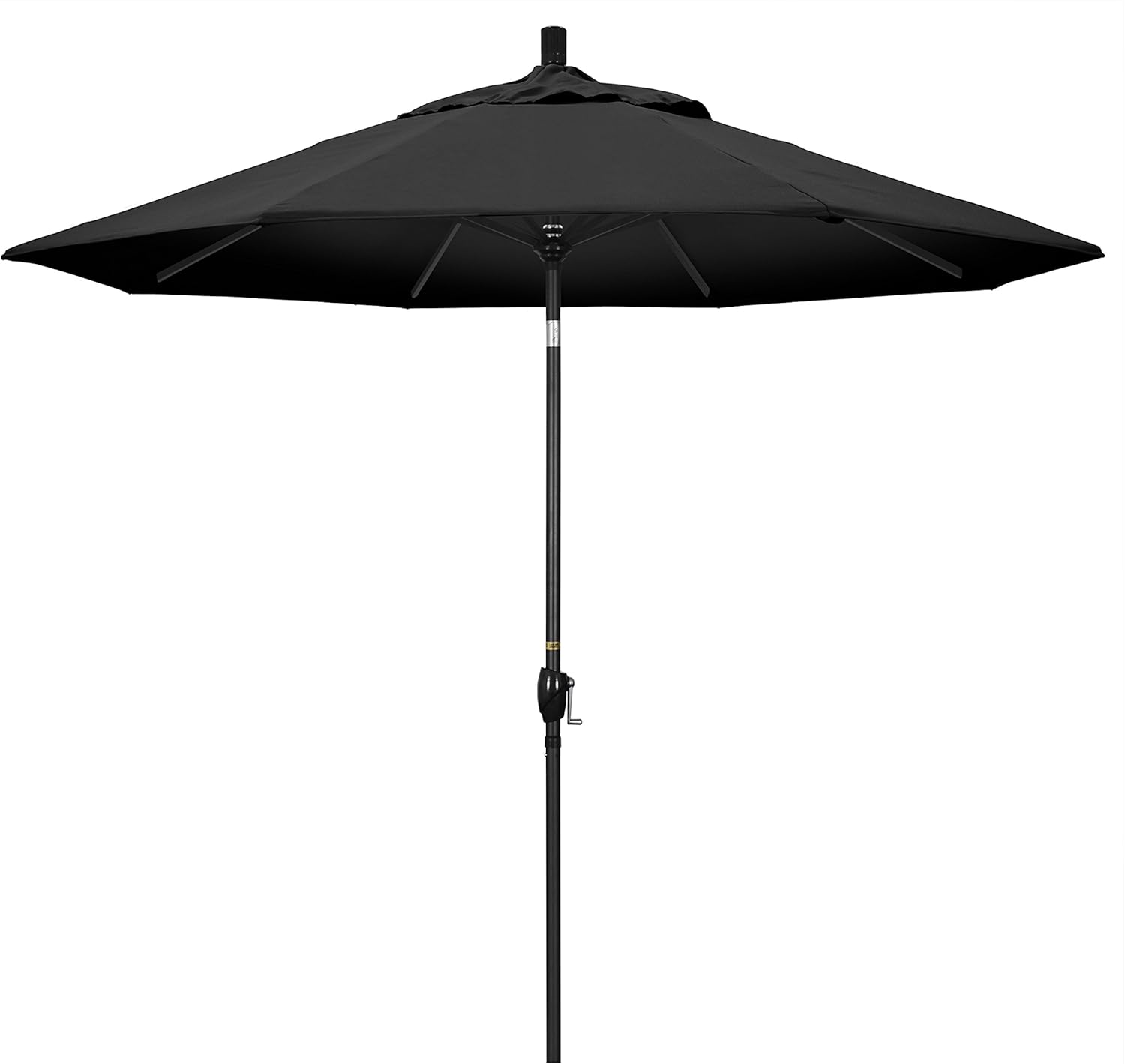 California Umbrella 9' Round Aluminum Market Umbrella, Crank Lift, Push Button Tilt, Black Pole, Black Olefin