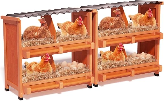 2-Tier Chicken Nesting Box, 8 Compartment Wooden Nesting Box for Chickens with Waterproof Roof, Non-Slip Stable Base, Heavy Duty Chicken Laying Boxes for Hens, Duck, Poultry, Bird, Orange