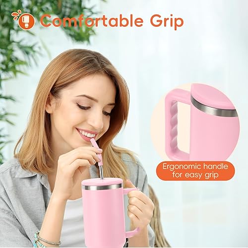Miniatura 6 de VUSIGN Vaso de 40 oz con asa y tapa con pajita, botella de agua de viaje con aislamiento al vacío de acero inoxidable, taza de agua para té helado,