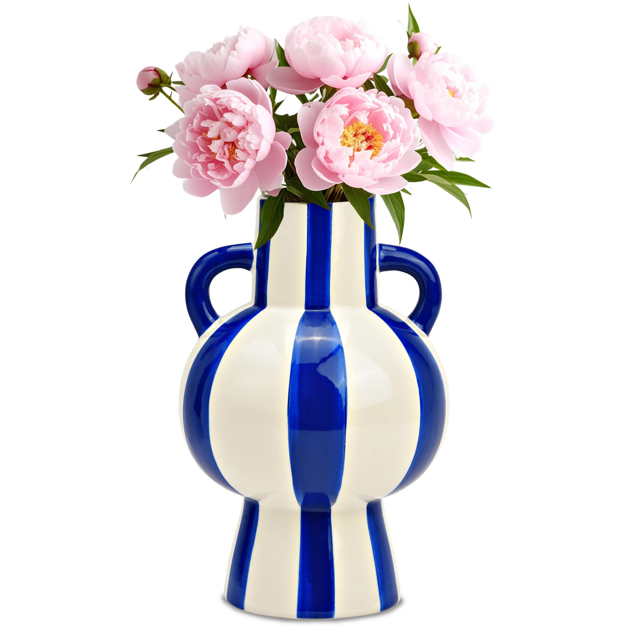 Bunte Keramikvase Mit Griff - Handbemalte Deko Für Wohnzimmer & Büro | Streifendesign In Blau